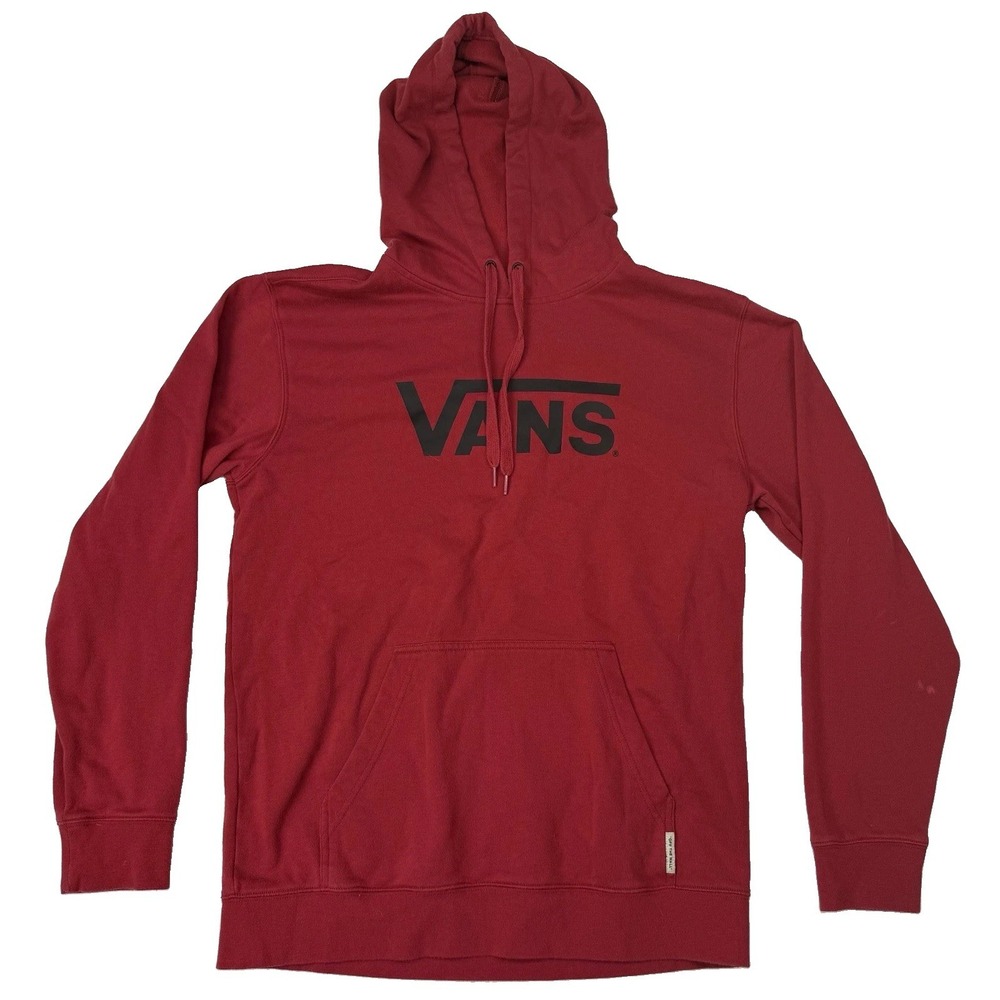 Vans Red Logo Fleece Pullover Hoodie Drawstring Pockets Cotton Blend Size M